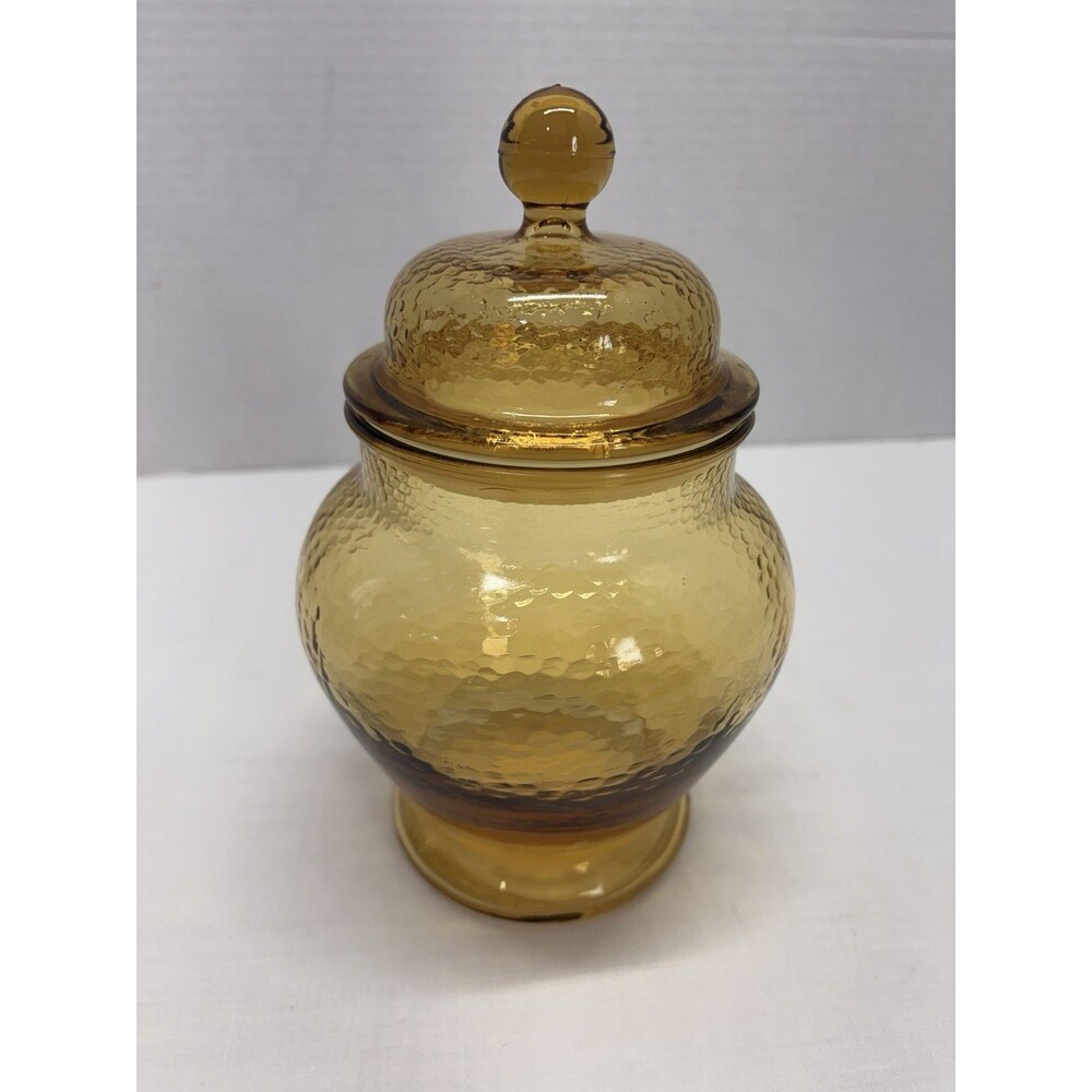 Vintage Indiana Glass Canister Apothecary Jar 9” Tall Pebbled Amber Yellow
